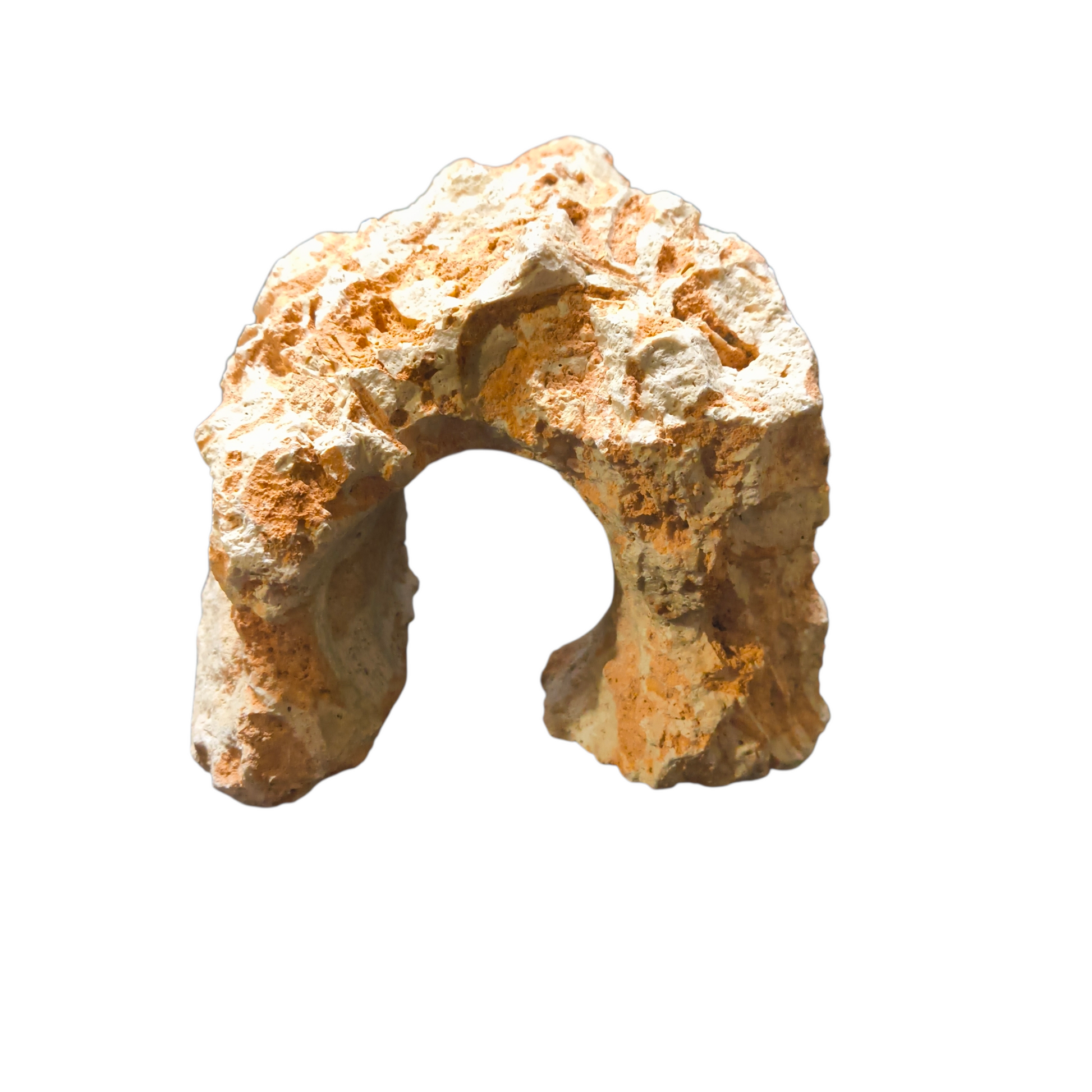 A natural limestone rock shaped as an archway decoration for a fish tank.