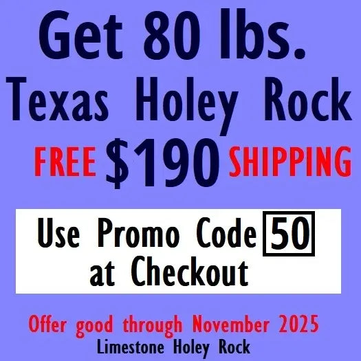 Promotional advertisement in text for 80 pounds of Texas Holey Rock on a blue background
