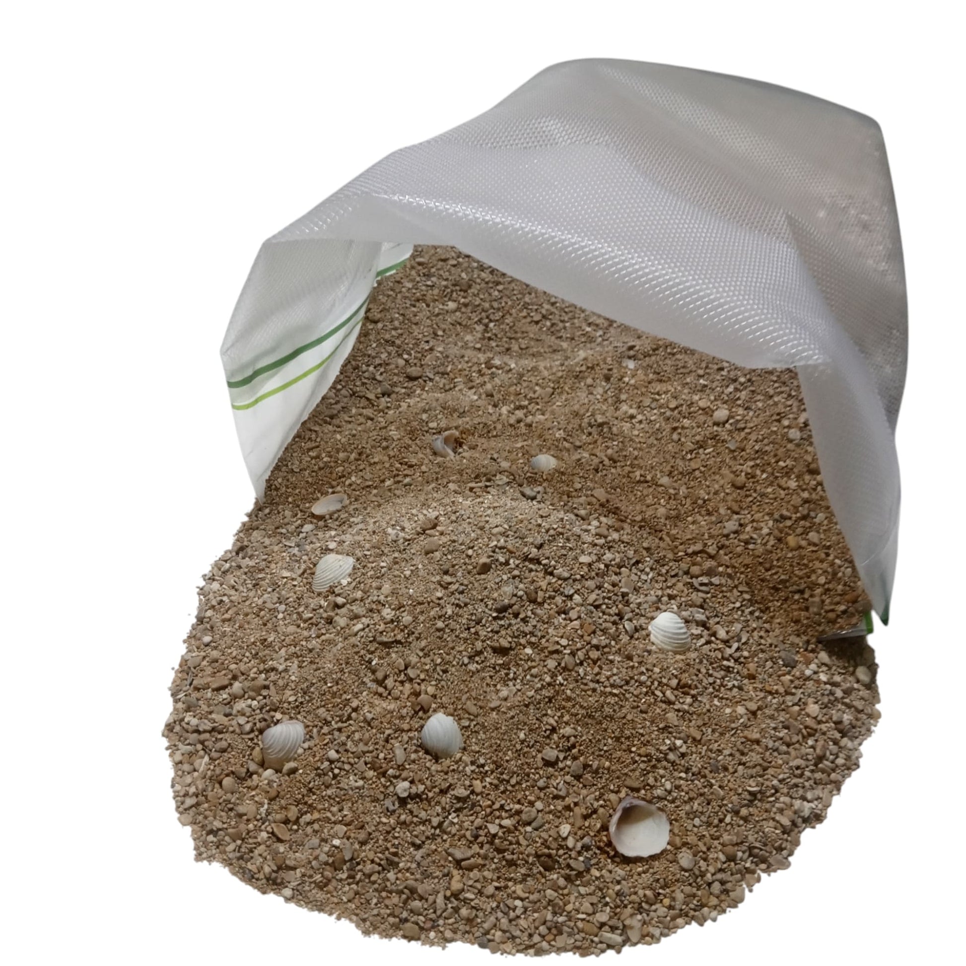 Bag of sand with shells on a white background