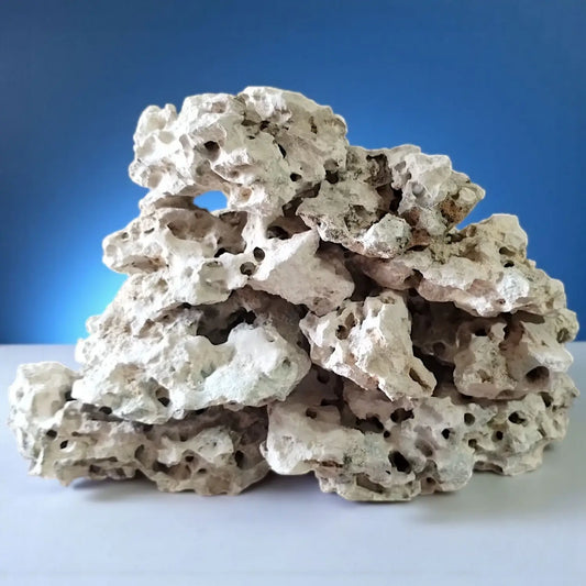 A stack of Texas Holey Rock  displayed on a blue background