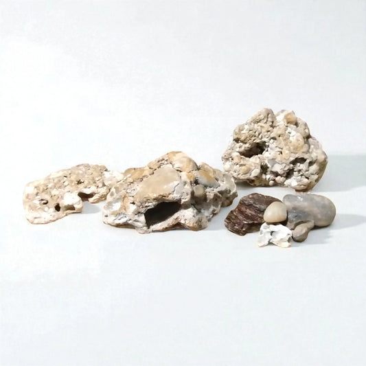 Decorative fish tank rocks on a white background