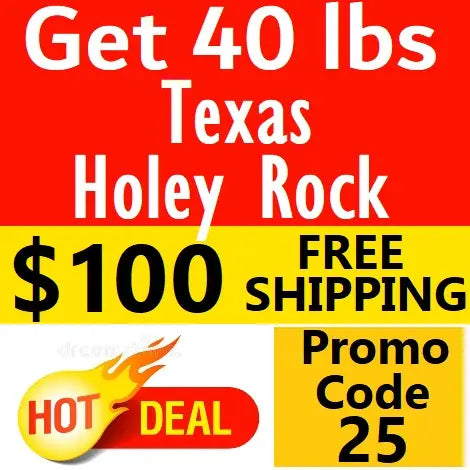 Promotional advertisement for Texas Holey Rock on sale, with text on a red and yellow background