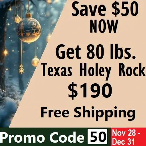Promotional advertisement for Texas Holey Rock with a winter scene background