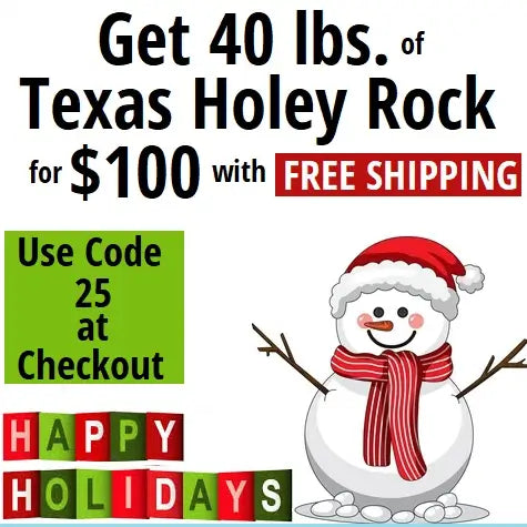 Promotional advertisement for Texas Holey Rock with a cartoon snowman and holiday text.