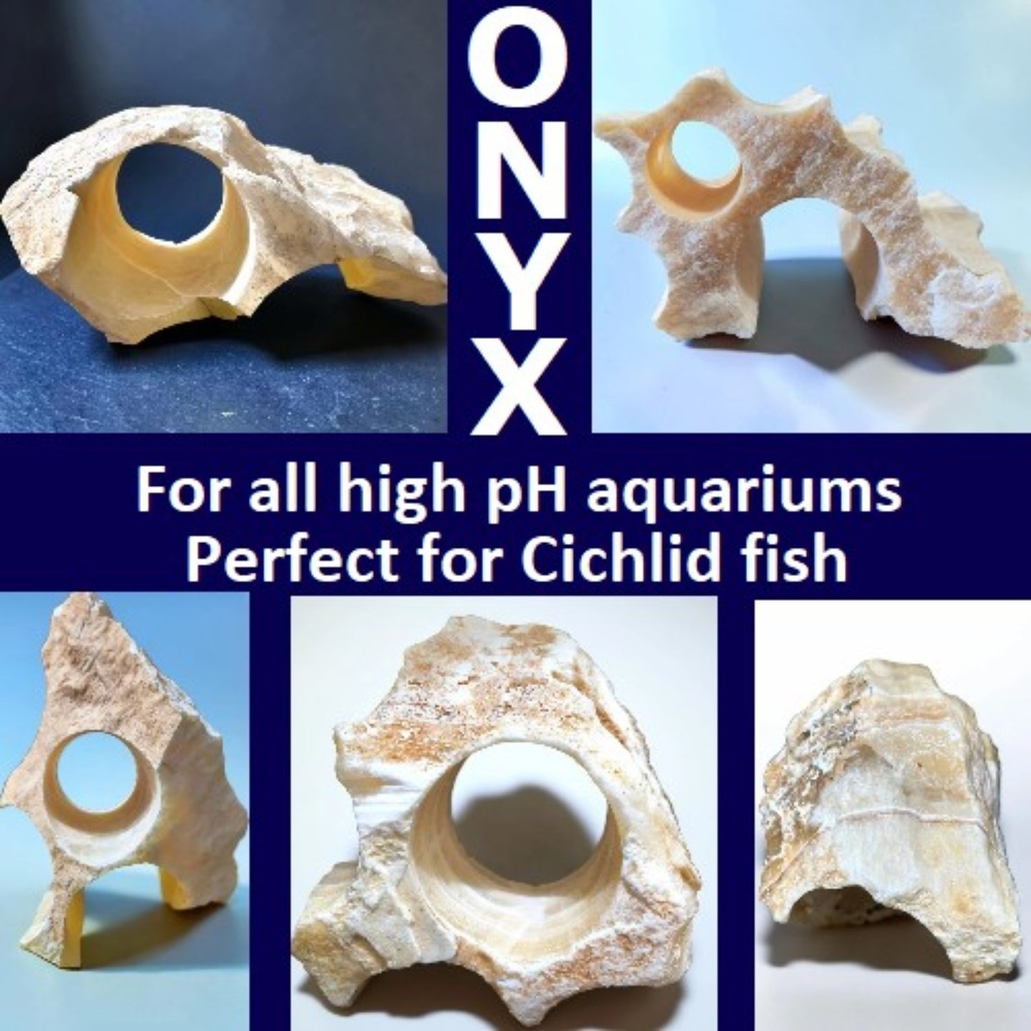 An advertisement showing 5 different honey onyx rocks witha blue background.