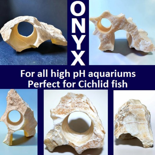 An advertisement showing 5 different honey onyx rocks witha blue background.