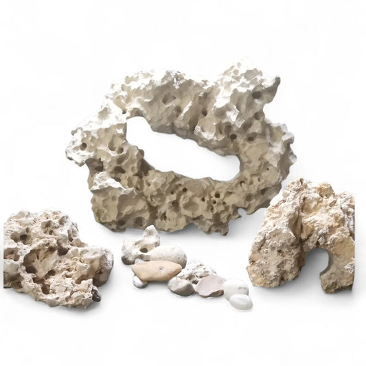 A Decorative Aquarium Centerpiece with accent rocks on a white background