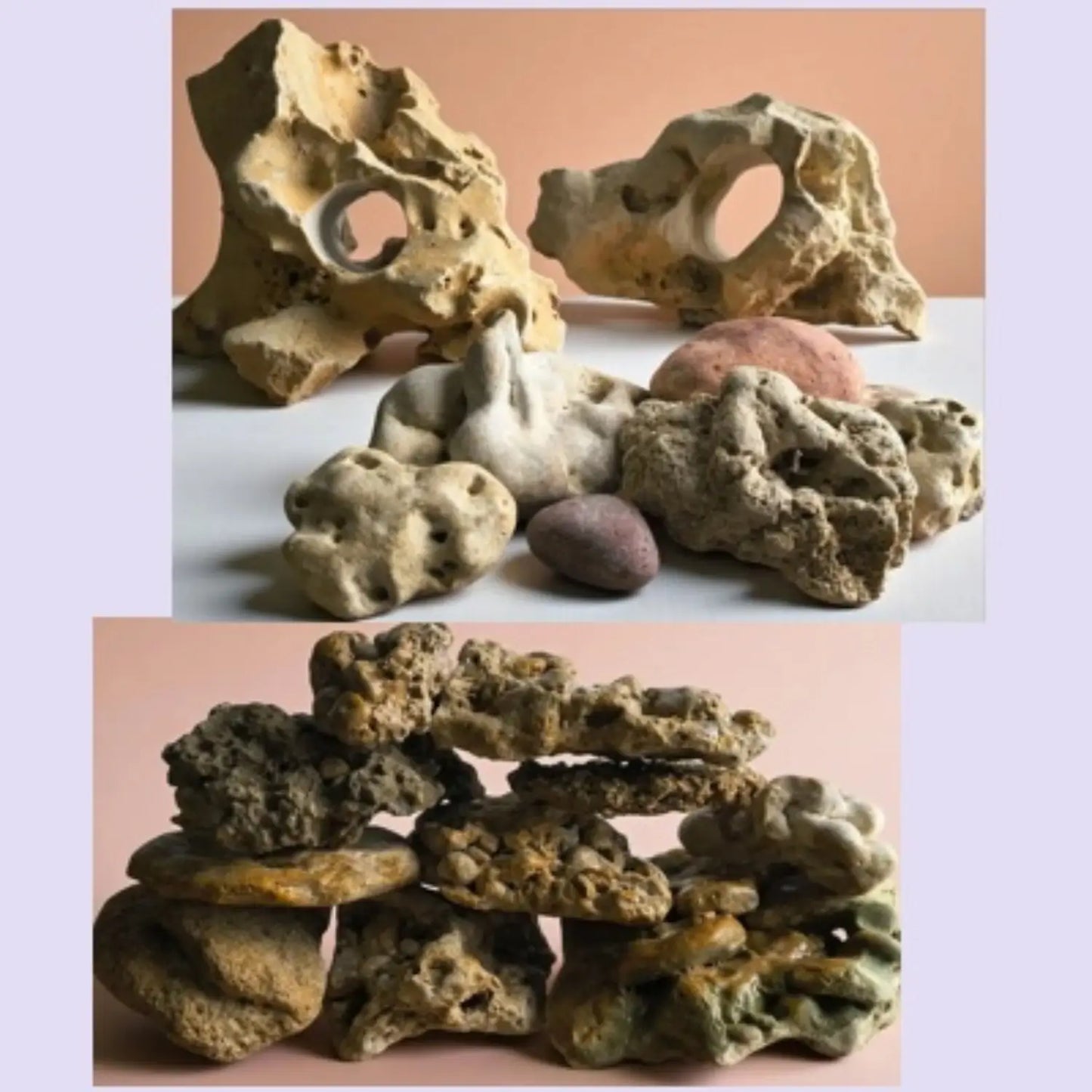 Aquarium rocks with a hint of earth toned colors on a peach background.