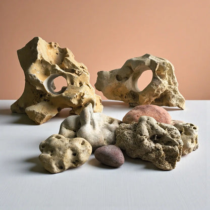 Decorative rocks and stones on a light surface with a peach-colored background