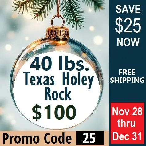 Decorative ornament with text about Texas Holey Rock and promotional offer on a festive background.