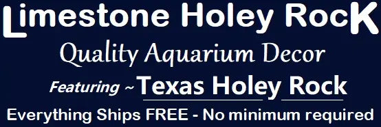 Advertisement for Limestone Holey Rock aquarium decor with text on a blue background