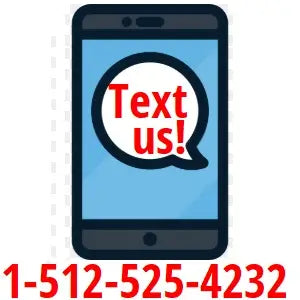 Phone with 'Text us!' bubble and phone number on a white background
